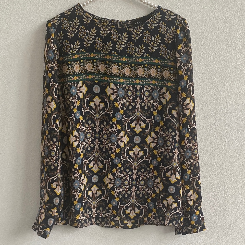 Premise Blue, Green and Gold Floral Long Sleeve Blouse With Slight Puff Sleeves